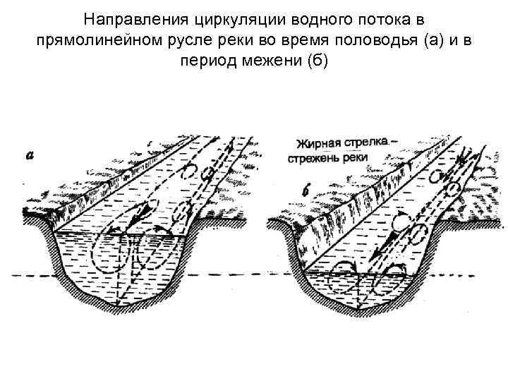 Направления циркуляции водного потока в прямолинейном русле реки во время половодья (а) и в