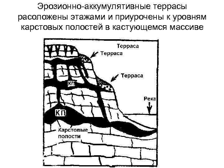 Эрозионно-аккумулятивные террасы расоложены этажами и приурочены к уровням карстовых полостей в кастующемся массиве 