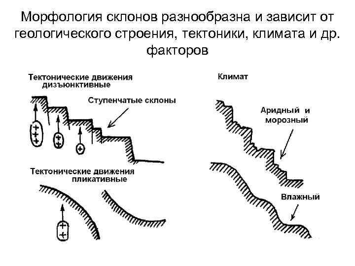 Морфология склонов разнообразна и зависит от геологического строения, тектоники, климата и др. факторов 