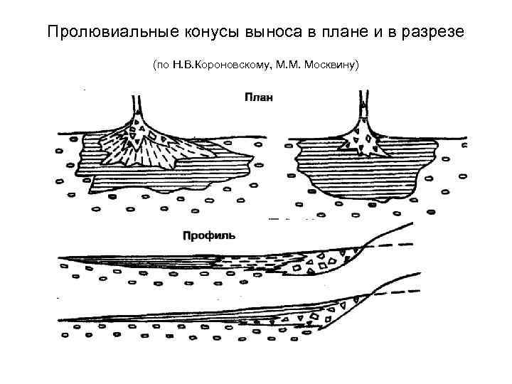 Пролювиальные конусы выноса в плане и в разрезе (по Н. В. Короновскому, М. М.