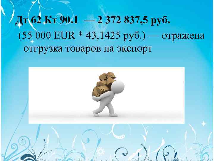 Дт 62 Кт 90. 1 — 2 372 837, 5 руб. (55 000 EUR