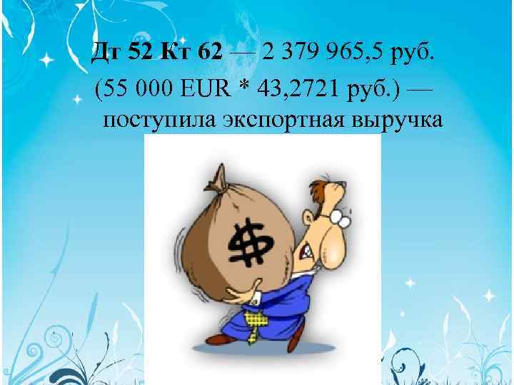 Дт 52 Кт 62 — 2 379 965, 5 руб. (55 000 EUR *