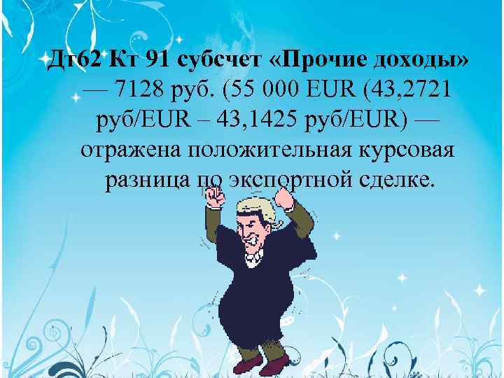 Дт62 Кт 91 субсчет «Прочие доходы» — 7128 руб. (55 000 EUR (43, 2721