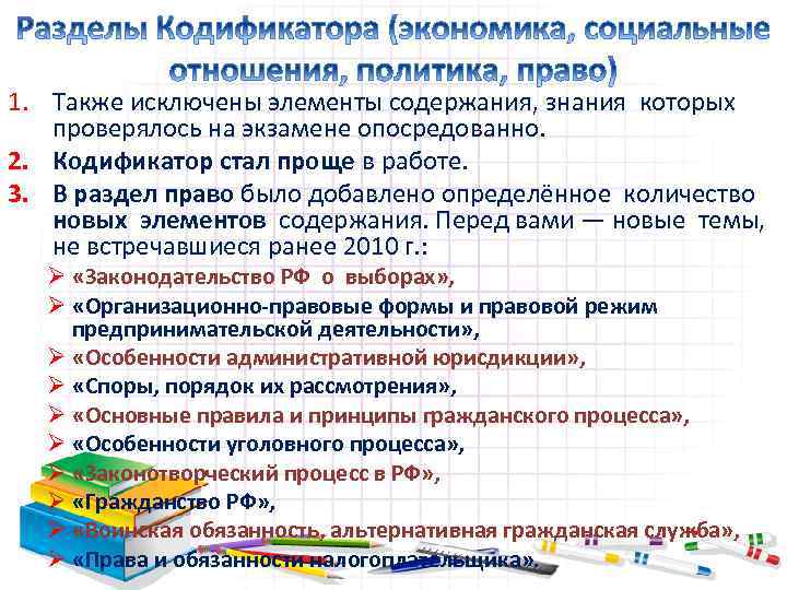 1. Также исключены элементы содержания, знания которых проверялось на экзамене опосредованно. 2. Кодификатор стал
