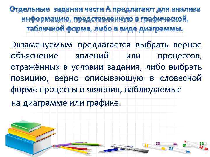 Экзаменуемым предлагается выбрать верное объяснение явлений или процессов, отражённых в условии задания, либо выбрать