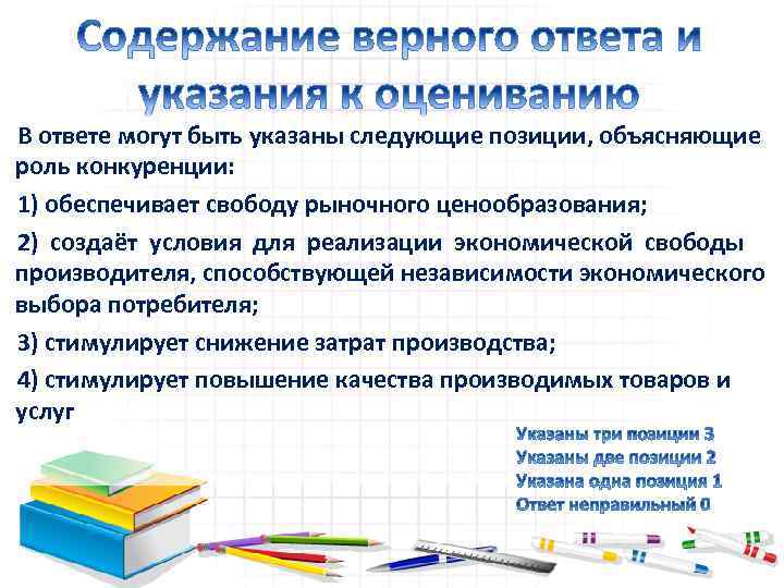 В ответе могут быть указаны следующие позиции, объясняющие роль конкуренции: 1) обеспечивает свободу рыночного