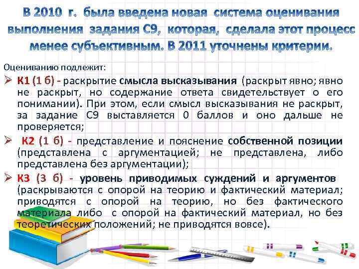 Оцениванию подлежит: Ø К 1 (1 б) - раскрытие смысла высказывания (раскрыт явно; явно