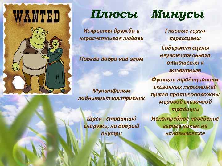 Плюсы Минусы Искренняя дружба и нерасчетливая любовь Главные герои агрессивны Победа добра над злом