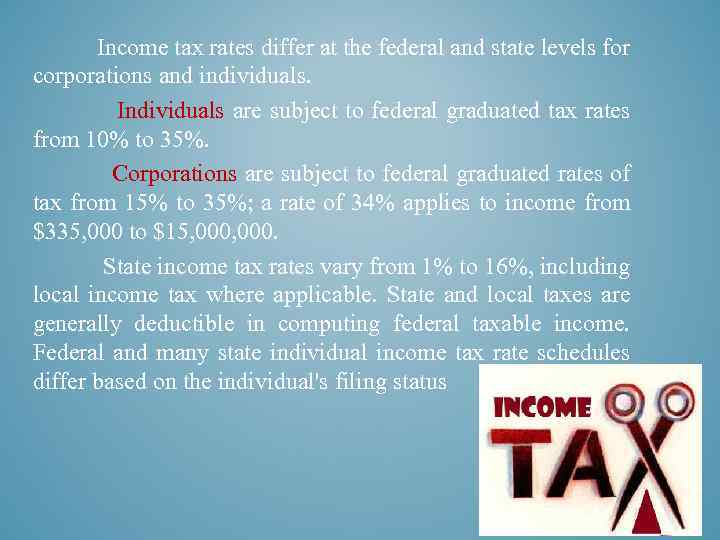  Income tax rates differ at the federal and state levels for corporations and
