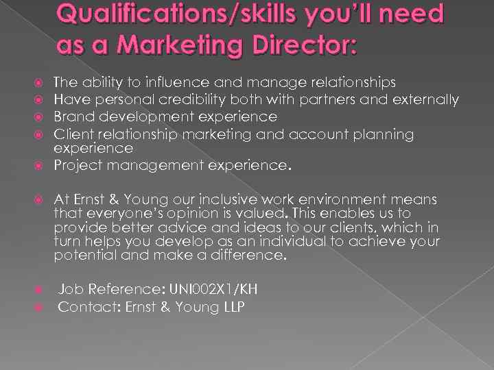 Qualifications/skills you’ll need as a Marketing Director: The ability to influence and manage relationships