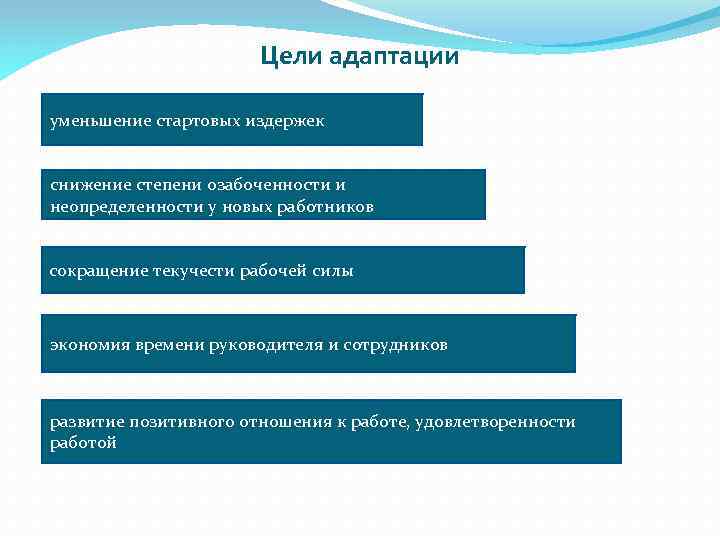 Цели адаптации уменьшение стартовых издержек снижение степени озабоченности и неопределенности у новых работников сокращение