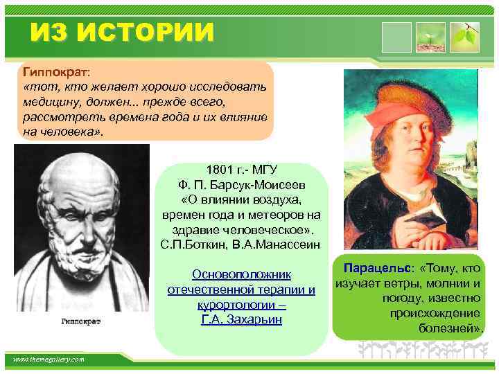 ИЗ ИСТОРИИ Гиппократ: «тот, кто желает хорошо исследовать медицину, должен. . . прежде всего,