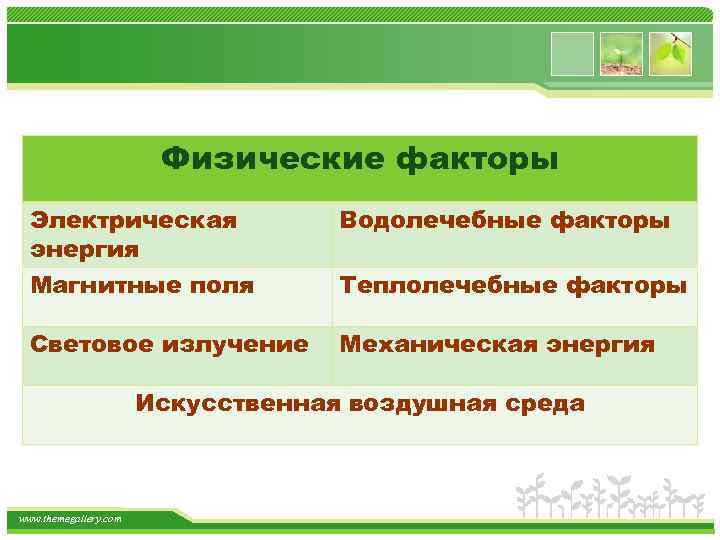 Физические факторы Электрическая энергия Водолечебные факторы Магнитные поля Теплолечебные факторы Световое излучение Механическая энергия