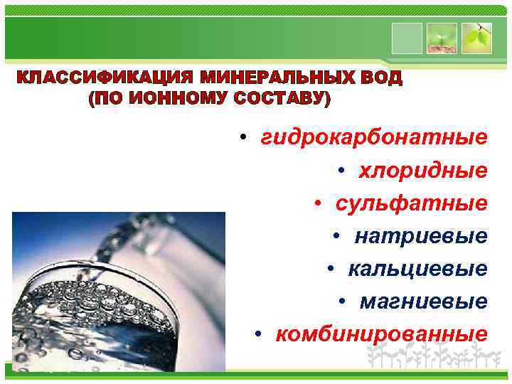 КЛАССИФИКАЦИЯ МИНЕРАЛЬНЫХ ВОД (ПО ИОННОМУ СОСТАВУ) • гидрокарбонатные • хлоридные • сульфатные • натриевые