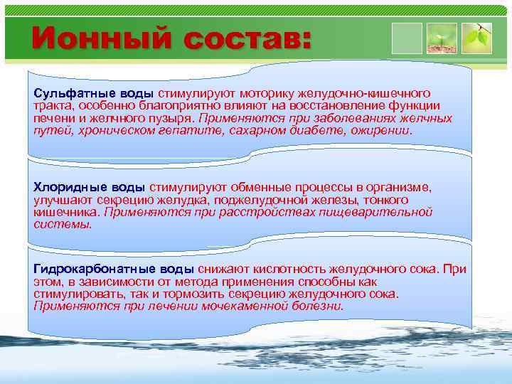 Ионный состав: Сульфатные воды стимулируют моторику желудочно-кишечного тракта, особенно благоприятно влияют на восстановление функции