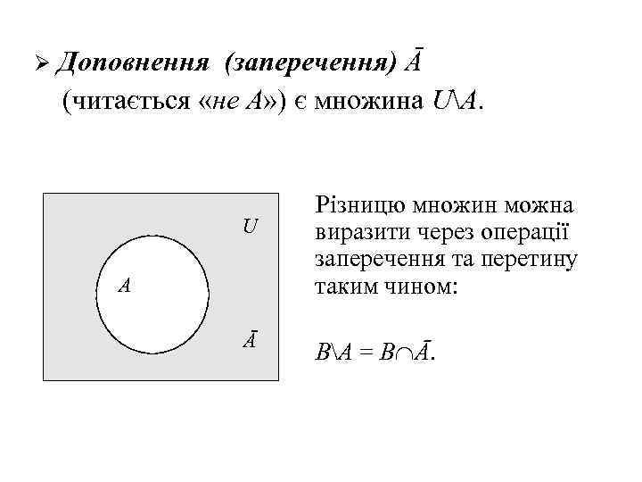 Доповнення (заперечення) Ā (читається «не А» ) є множина UA. Ø U А Ā