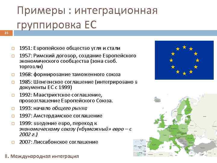 Примеры : интеграционная группировка ЕС 26 1951: Европейское общество угля и стали 1957: Римский