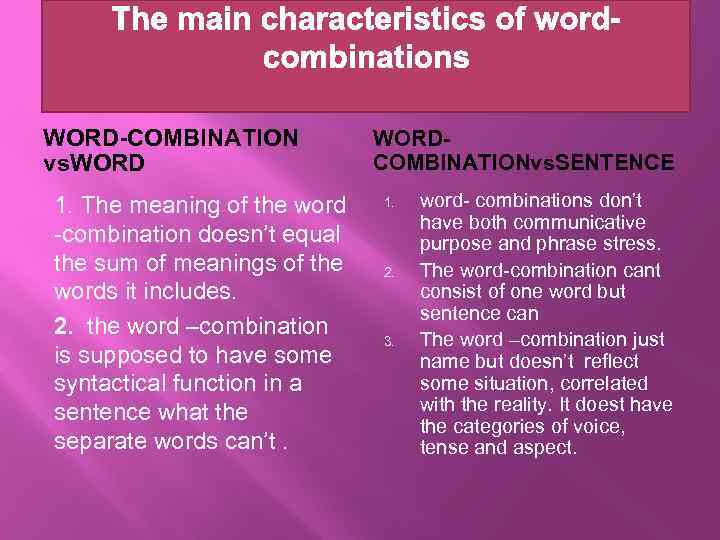 WORD-COMBINATION vs. WORD 1. The meaning of the word -combination doesn’t equal the sum