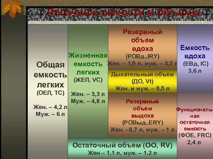 Легочные емкости и объемы Резервный объем вдоха Емкость вдоха Жизненная (РОВд. , IRY) Общая