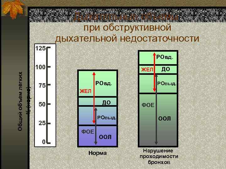 Дыхательные объемы при обструктивной дыхательной недостаточности 125 РОвд. Общий объем легких % (норма) 100