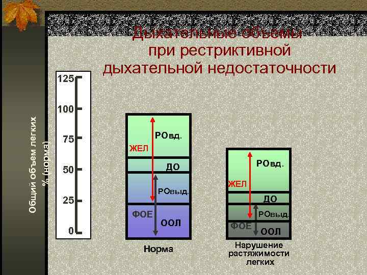 125 Дыхательные объемы при рестриктивной дыхательной недостаточности Общий объем легких % (норма) 100 75
