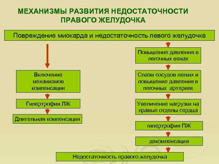 МЕХАНИЗМЫ РАЗВИТИЯ НЕДОСТАТОЧНОСТИ ПРАВОГО ЖЕЛУДОЧКА Повреждение миокарда и недостаточность левого желудочка Повышение давления в