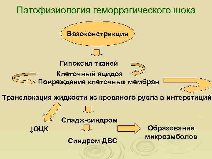 Патофизиология геморрагического шока Вазоконстрикция Гипоксия тканей Клеточный ацидоз Повреждение клеточных мембран Транслокация жидкости из