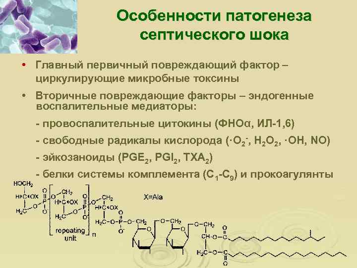 Особенности патогенеза септического шока • Главный первичный повреждающий фактор – циркулирующие микробные токсины •