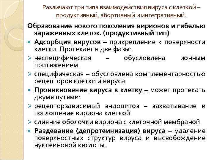 Различают три типа взаимодействия вируса с клеткой – продуктивный, абортивный и интегративный. Образование нового