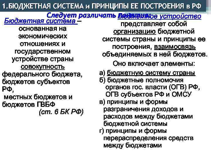 1. БЮДЖЕТНАЯ СИСТЕМА и ПРИНЦИПЫ ЕЕ ПОСТРОЕНИЯ в РФ Следует различать Бюджетное устройство понятия: