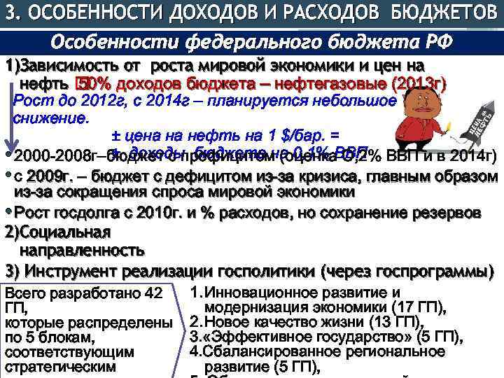 3. ОСОБЕННОСТИ ДОХОДОВ И РАСХОДОВ БЮДЖЕТОВ Особенности федерального бюджета РФ 1)Зависимость от роста мировой