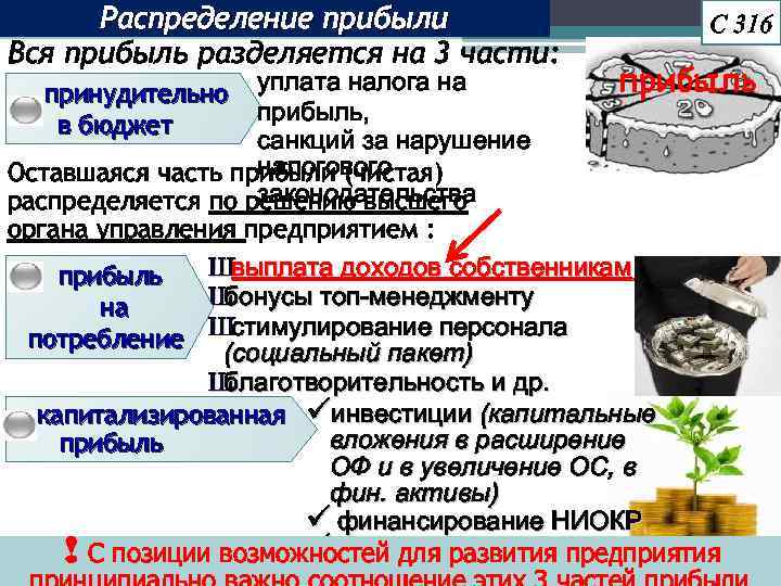 Распределение прибыли Вся прибыль разделяется на 3 части: С 316 уплата налога на прибыль,