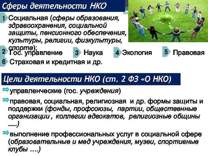 Сферы деятельности НКО 1 Социальная (сферы образования, здравоохранения, социальной защиты, пенсионного обеспечения, культуры, религии,