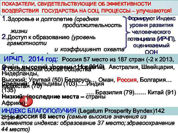 ПОКАЗАТЕЛИ, СВИДЕТЕЛЬСТВУЮЩИЕ ОБ ЭФФЕКТИВНОСТИ ВОЗДЕЙСТВИЯ ГОСУДАРСТВА НА СОЦ. ПРОЦЕССЫ – улучшаются! 1. Здоровье и