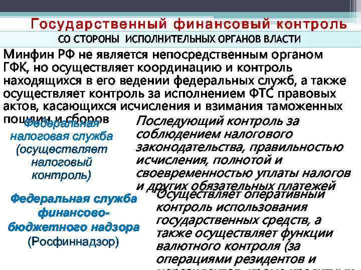 Государственный финансовый контроль СО СТОРОНЫ ИСПОЛНИТЕЛЬНЫХ ОРГАНОВ ВЛАСТИ Минфин РФ не является непосредственным органом