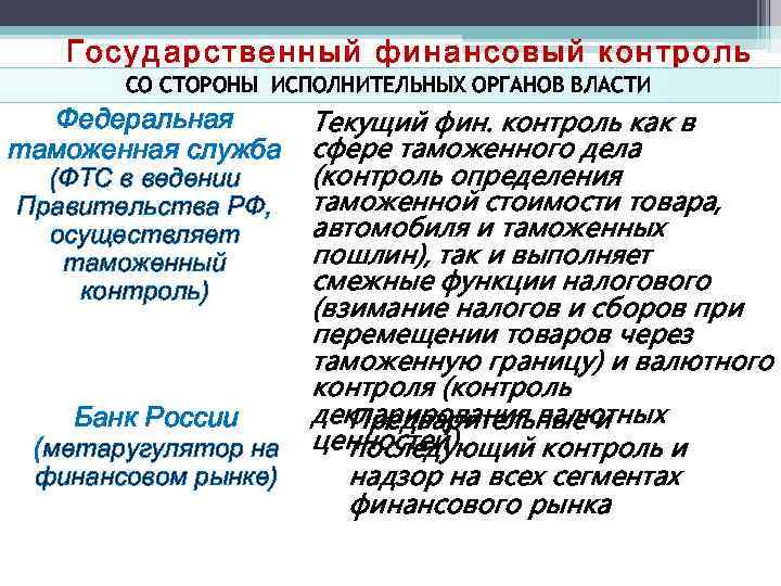 Государственный финансовый контроль СО СТОРОНЫ ИСПОЛНИТЕЛЬНЫХ ОРГАНОВ ВЛАСТИ Федеральная таможенная служба (ФТС в ведении