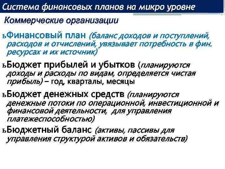 Система финансовых планов на микро уровне Коммерческие организации ь Финансовый план (баланс доходов и