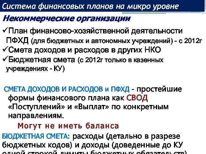 Система финансовых планов на микро уровне Некоммерческие организации üПлан финансово-хозяйственной деятельности ПФХД (для бюджетных