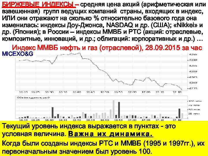 БИРЖЕВЫЕ ИНДЕКСЫ – средняя цена акций (арифметическая или взвешенная) групп ведущих компаний страны, входящих