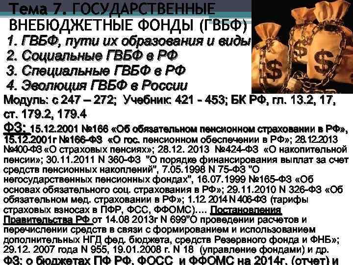 Тема 7. ГОСУДАРСТВЕННЫЕ ВНЕБЮДЖЕТНЫЕ ФОНДЫ (ГВБФ) 1. ГВБФ, пути их образования и виды 2.