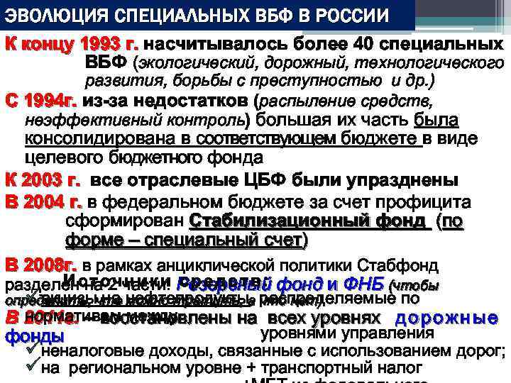 ЭВОЛЮЦИЯ СПЕЦИАЛЬНЫХ ВБФ В РОССИИ К концу 1993 г. насчитывалось более 40 специальных ВБФ