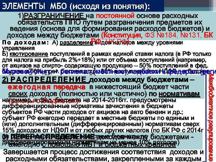 ЭЛЕМЕНТЫ МБО (исходя из понятия): 1)РАЗГРАНИЧЕНИЕ на постоянной основе расходных обязательств ППО путем разграничения