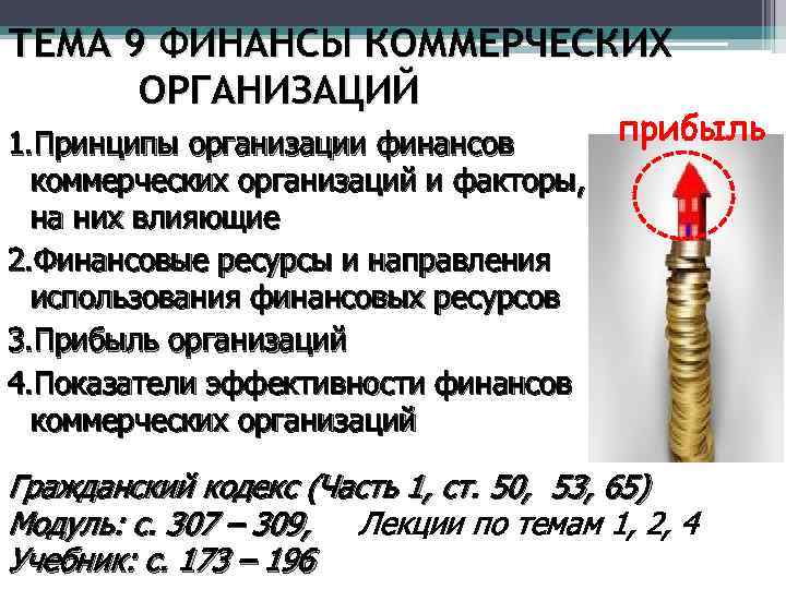 ТЕМА 9 ФИНАНСЫ КОММЕРЧЕСКИХ ОРГАНИЗАЦИЙ прибыль 1. Принципы организации финансов коммерческих организаций и факторы,