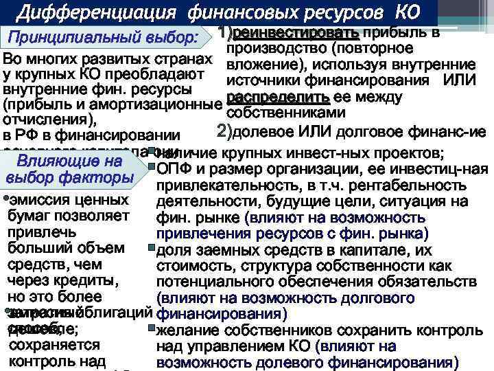 Дифференциация финансовых ресурсов КО Принципиальный выбор: 1)реинвестировать прибыль в производство (повторное Во многих развитых