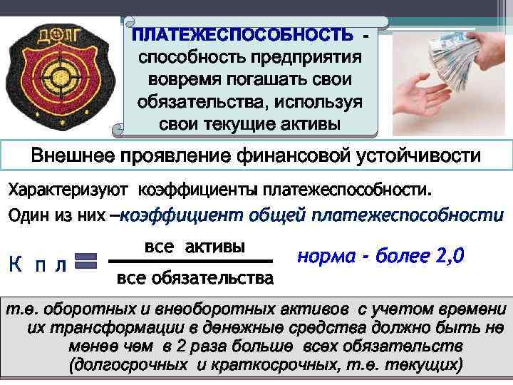 ПЛАТЕЖЕСПОСОБНОСТЬ - способность предприятия вовремя погашать свои обязательства, используя свои текущие активы Внешнее проявление