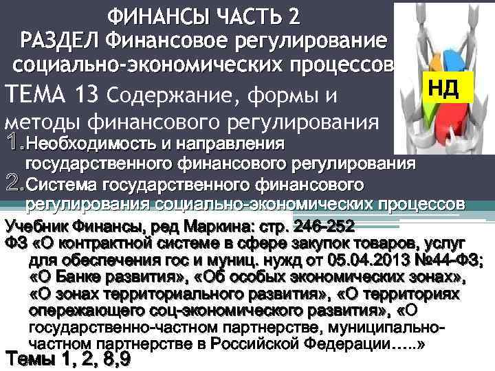 ФИНАНСЫ ЧАСТЬ 2 РАЗДЕЛ Финансовое регулирование социально-экономических процессов ТЕМА 13 Содержание, формы и методы