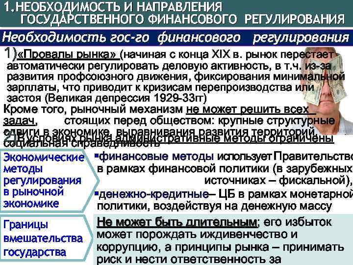 Денежно кредитное регулирование финансовых рынков. Необходимость государственного финансового регулирования:. Необходимость регулирования финансового рынка. Направления государственного финансового регулирования.. Провалы государственного регулирования.