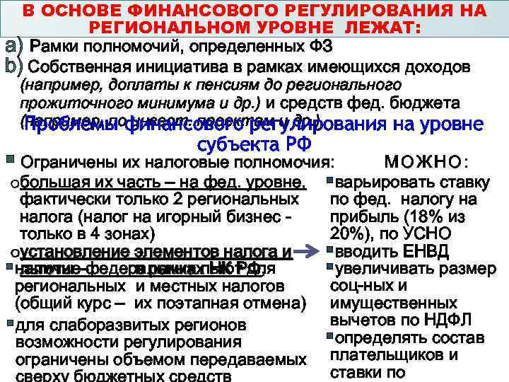 В ОСНОВЕ ФИНАНСОВОГО РЕГУЛИРОВАНИЯ НА РЕГИОНАЛЬНОМ УРОВНЕ ЛЕЖАТ: a) Рамки полномочий, определенных ФЗ b)