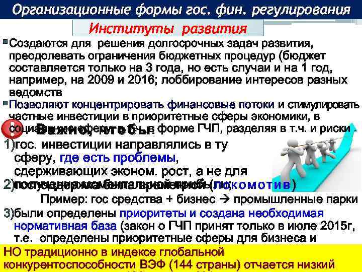 Организационные формы гос. фин. регулирования Институты развития § Создаются для решения долгосрочных задач развития,