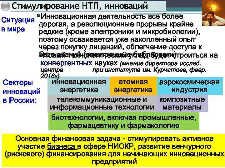 Стимулирование НТП, инноваций Ситуация §Инновационная деятельность все более в мире дорогая, а революционные прорывы